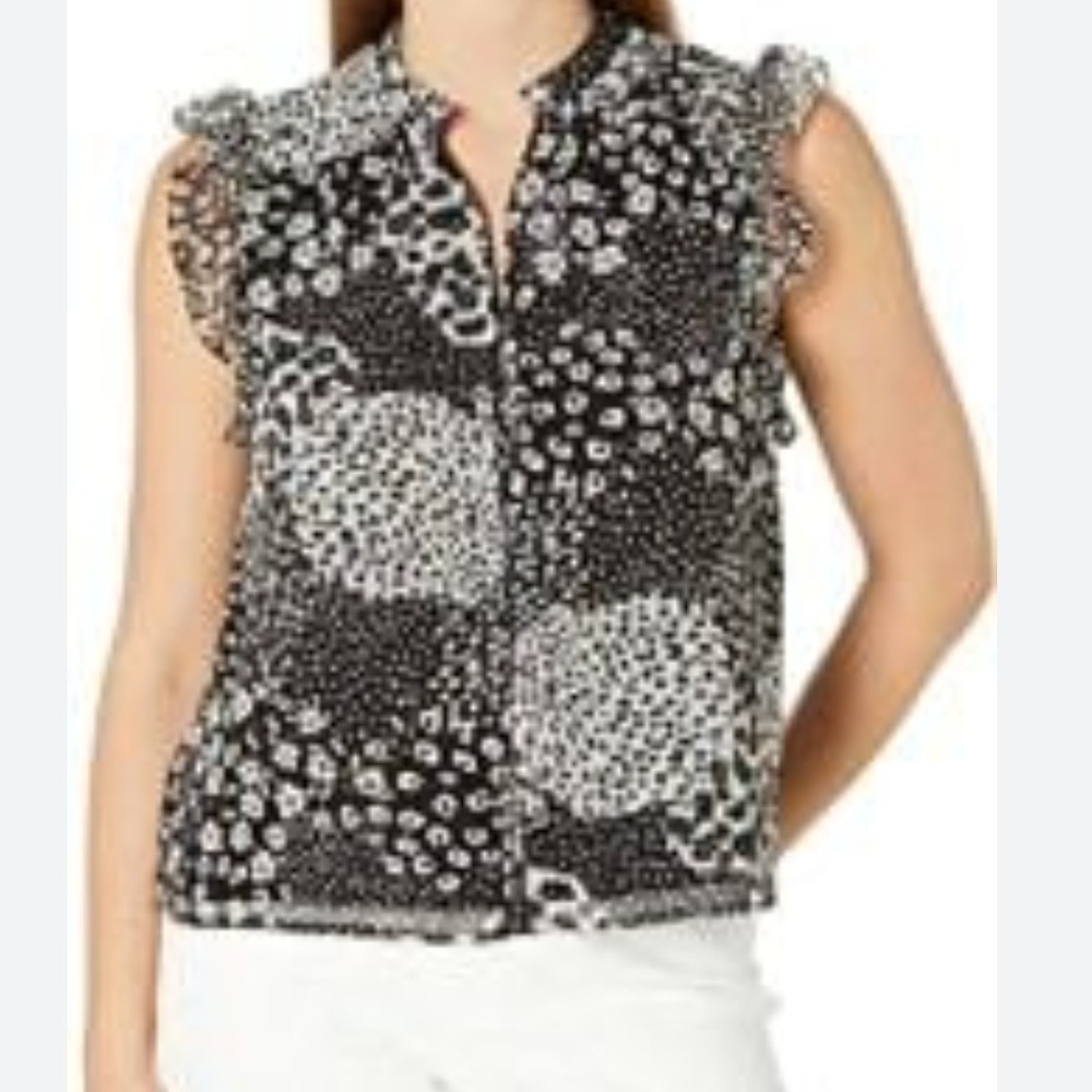 BB Dakota Black White Mixed Print Flutter Sleeve Blouse Sz L ASO Mayim‎ Bialik